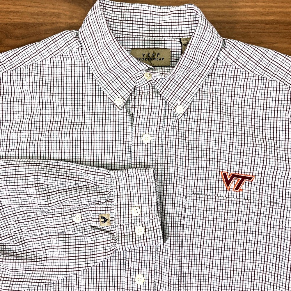 Vesi Sportswear Men White Plaid Virginia Tech VT Logo Long Slv Button Dn Shirt M